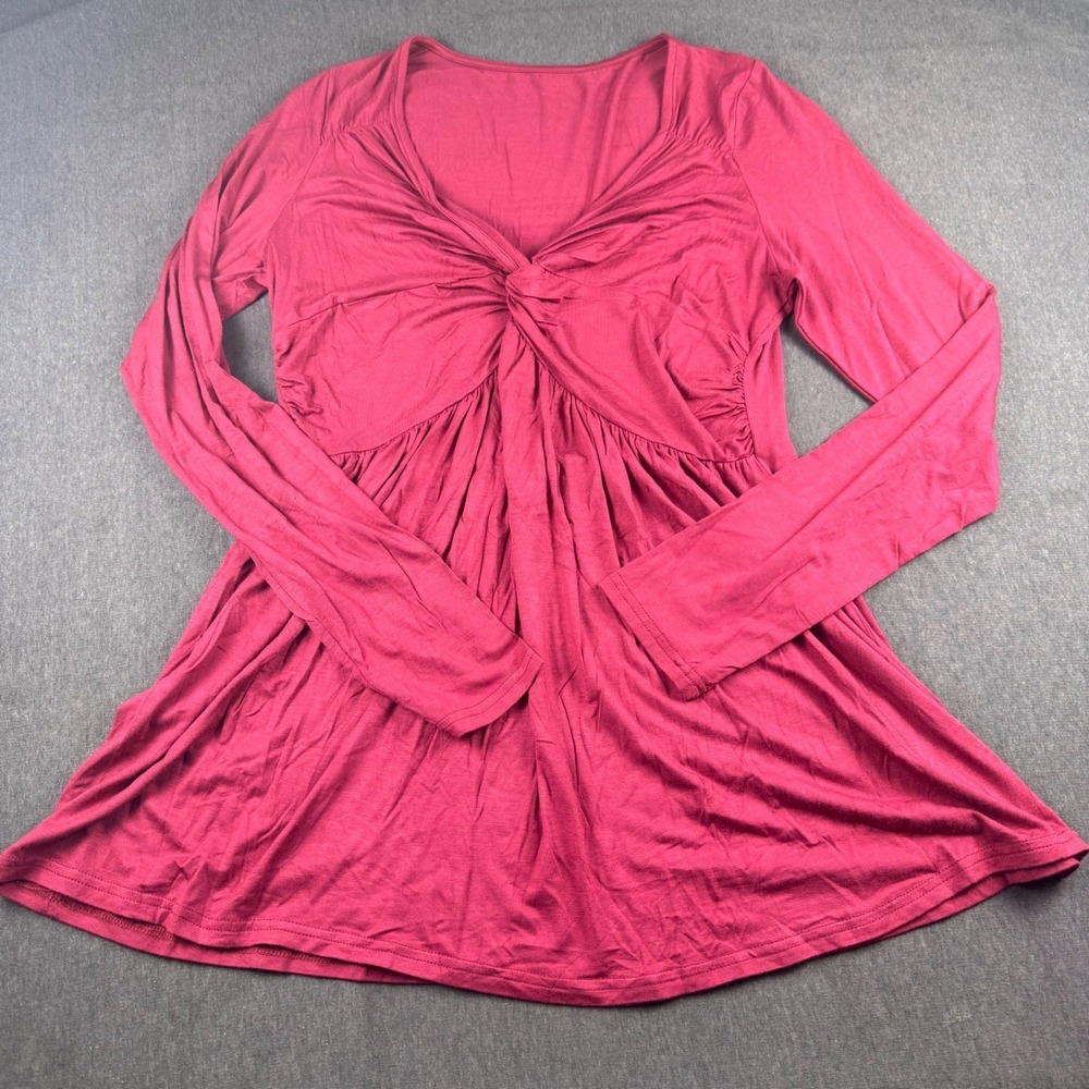 Women's Burgundy Long Sleeve Twist Front Ruched Gathered Midi Dress X-Large